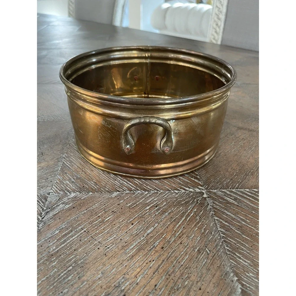 Vintage Solid Brass Round Planter Bowl with Handles 6.5